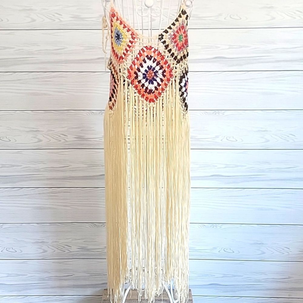 Asha Bohemian Crochet Fringe Dress Or Swim Cover-up  Womens Size M